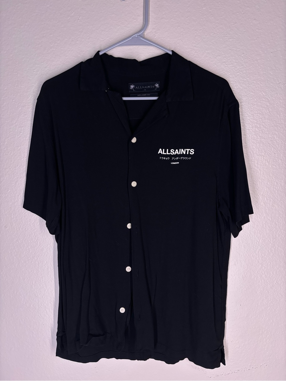 All Saints Black Short-Sleeve Button-Front Shirt with Logo